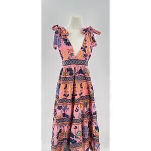 Farm Rio Seashell Tapestry Midi Dress Sleeveless Pink Blue Long Dress Ruffle S